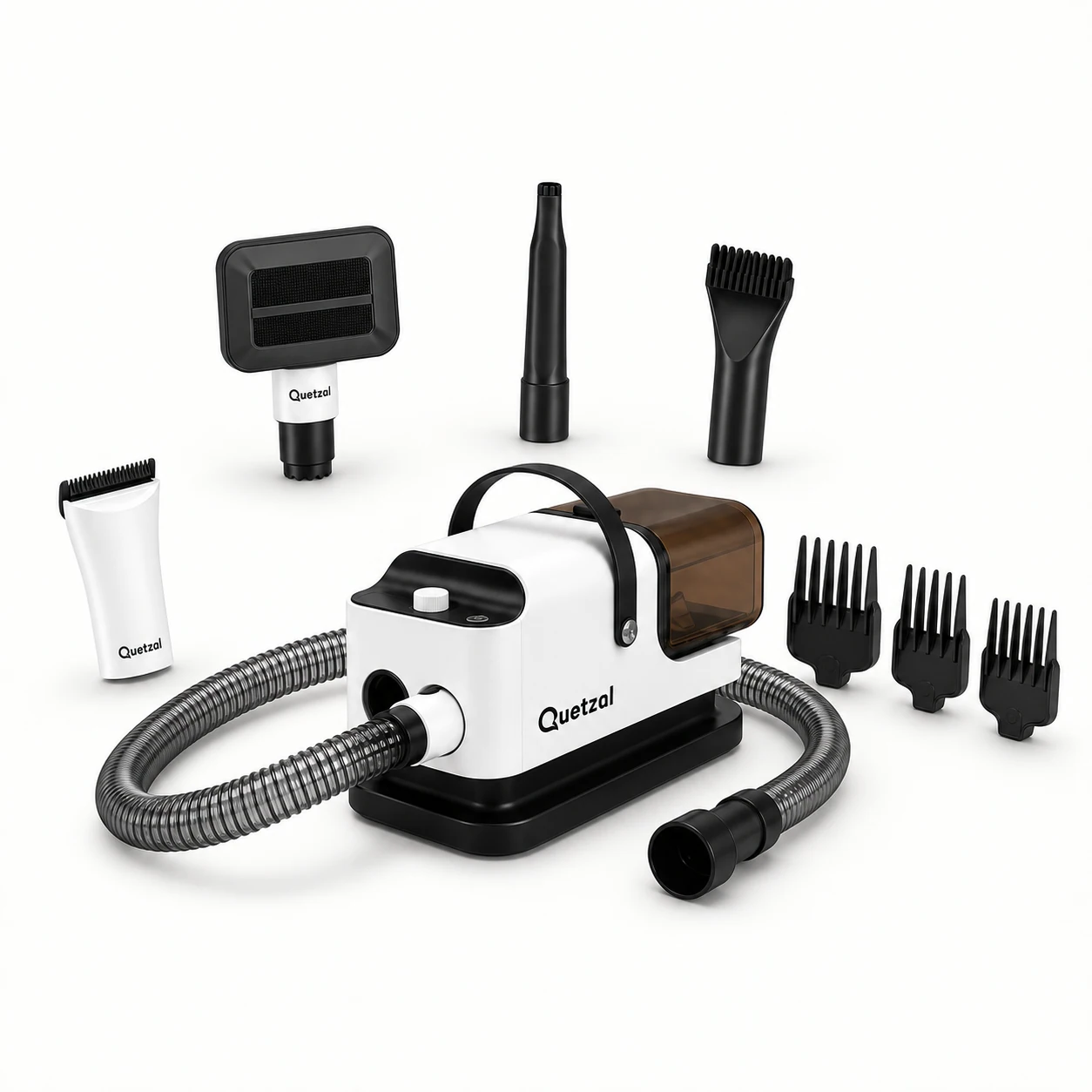 De complete Quetzal Groomer met borstels, trimmer, slang en opzetkammen
